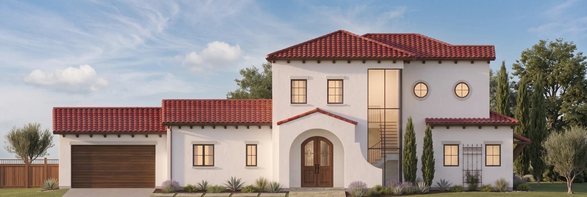 Rendering of the front of an LA Renewal home in Altadena - a two-story Spanish-style home with white stucco walls, a red tile roof, an arched wooden double-door entry and an attached two-car garage.