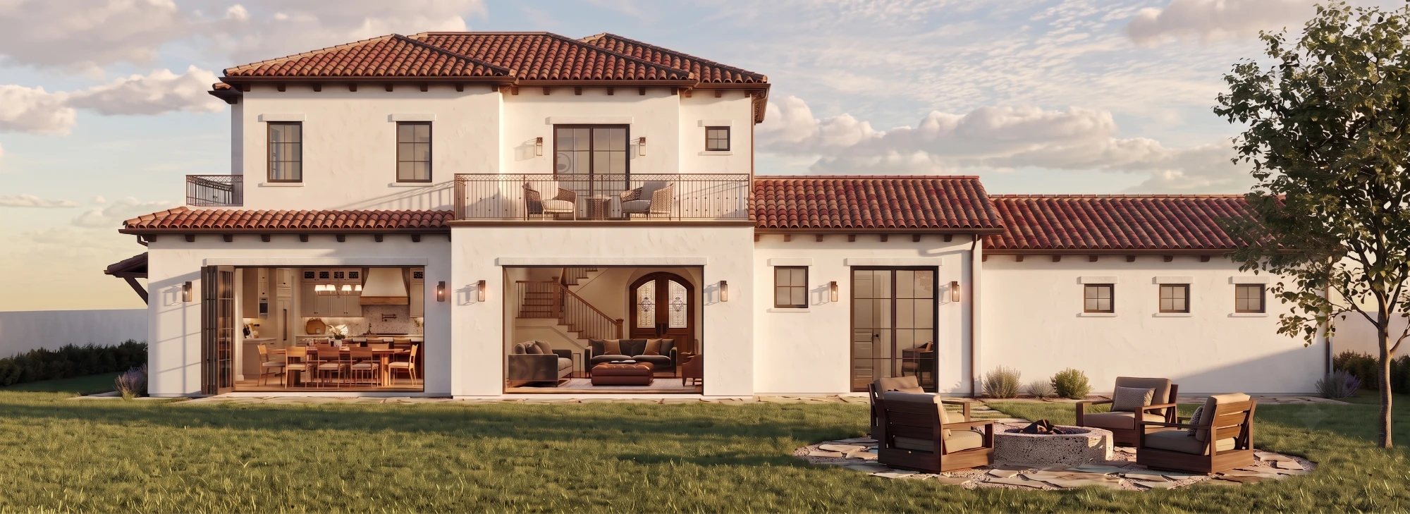 Rendering of the rear of the home at golden hour: folding glass doors opening the kitchen and living room onto the lawn, a first-floor covered terrace, an upstairs balcony and a stone fire pit with seating.
